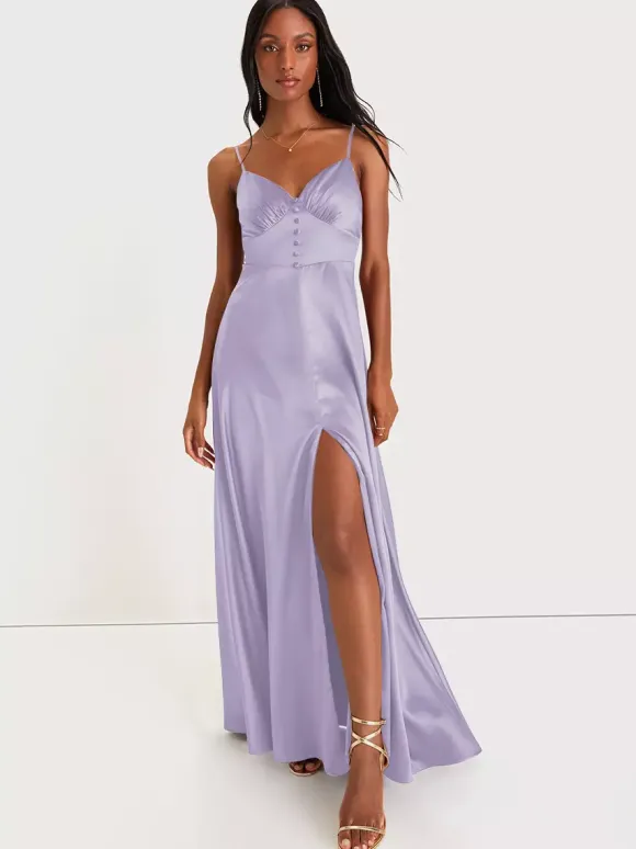 Bridesmaid Dress Spaghetti Straps Open Back High Slit A-Line Prom Maxi Dresses
