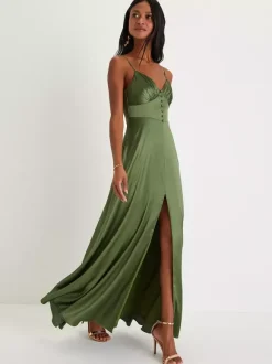 Bridesmaid Dress Spaghetti Straps Open Back High Slit A-Line Prom Maxi Dresses