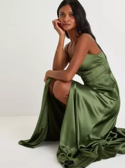 Bridesmaid Dress Spaghetti Straps Open Back High Slit A-Line Prom Maxi Dresses