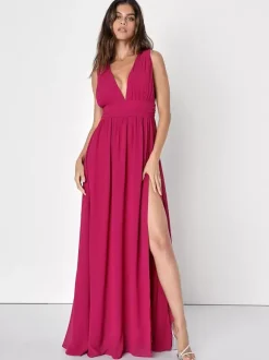 Bridesmaid Dress V-Back Empire Waist High Slit A-Line Chiffon Wedding Party Dresses