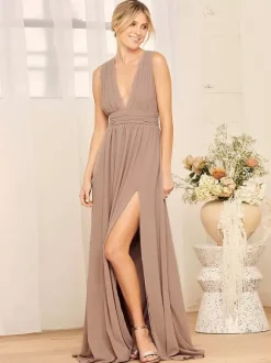 Bridesmaid Dress V-Back Empire Waist High Slit A-Line Chiffon Wedding Party Dresses