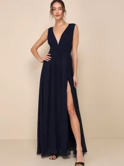 Bridesmaid Dress V-Back Empire Waist High Slit A-Line Chiffon Wedding Party Dresses