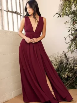 Bridesmaid Dress V-Back Empire Waist High Slit A-Line Chiffon Wedding Party Dresses