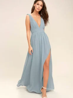 Bridesmaid Dress V-Back Empire Waist High Slit A-Line Chiffon Wedding Party Dresses