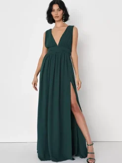 Bridesmaid Dress V-Back Empire Waist High Slit A-Line Chiffon Wedding Party Dresses