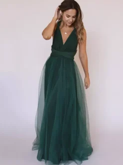 Bridesmaid Dresses A-Line Floor-Length V-Neck Sleeveless Zipper Single Thread Tulle Green Wedding Party Dress Free Customization