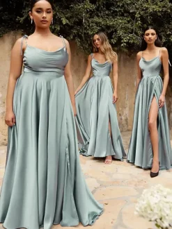 Bridesmaid Dresses A-Line Floor-Length Zipper Satin Fabric Wedding Party Dress