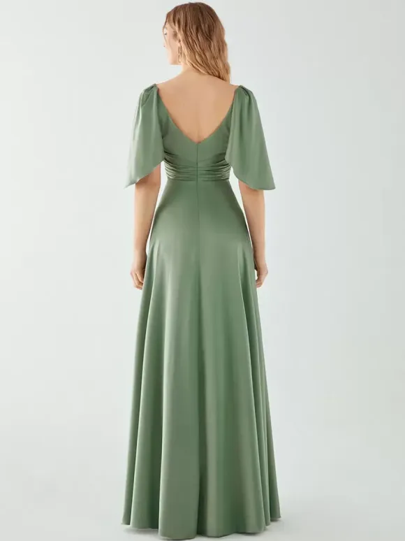 Bridesmaid Dresses A-Line Floor-Length Zipper Elastic Silk Like Satin Wedding Party Dress