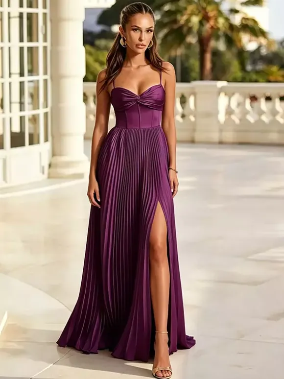Bridesmaid Dresses Emerald Green Pleated Satin A-Line Spaghetti Strap Sweetheart Corset Lace Up Back High Slit Formal Maxi Gown