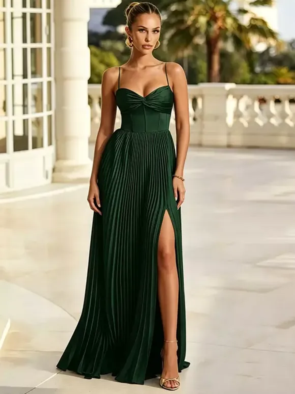 Bridesmaid Dresses Emerald Green Pleated Satin A-Line Spaghetti Strap Sweetheart Corset Lace Up Back High Slit Formal Maxi Gown