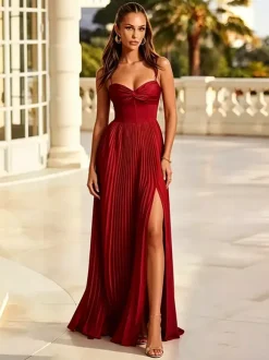 Bridesmaid Dresses Emerald Green Pleated Satin A-Line Spaghetti Strap Sweetheart Corset Lace Up Back High Slit Formal Maxi Gown