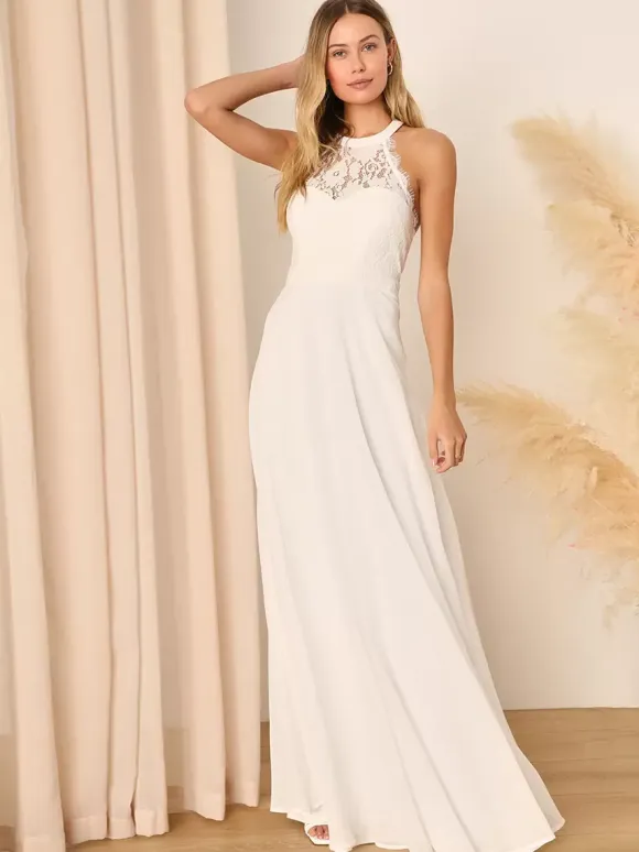 Bridesmaid Dresses Halter Open Back Illusion A-Line Wedding Party Maxi Dresses