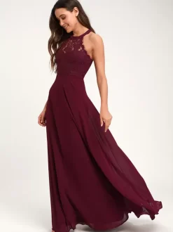 Bridesmaid Dresses Halter Open Back Illusion A-Line Wedding Party Maxi Dresses