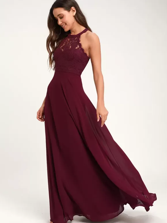 Bridesmaid Dresses Halter Open Back Illusion A-Line Wedding Party Maxi Dresses