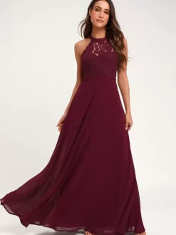 Bridesmaid Dresses Halter Open Back Illusion A-Line Wedding Party Maxi Dresses