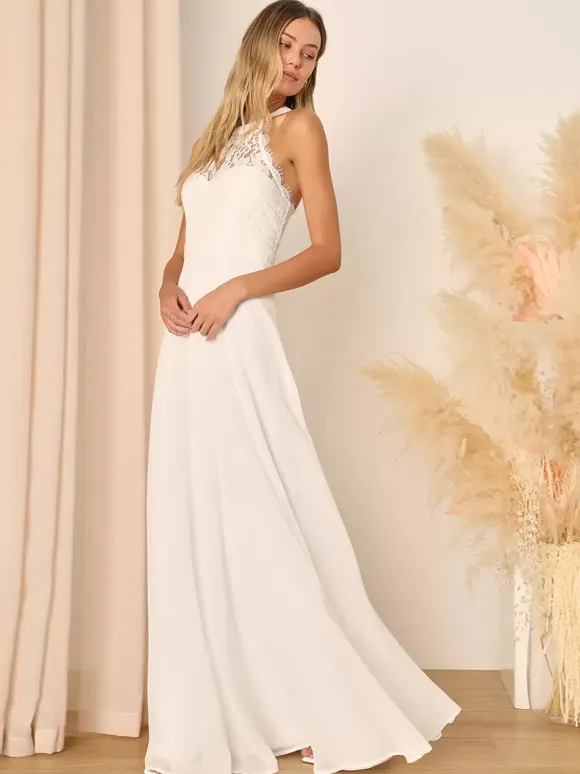 Bridesmaid Dresses Halter Open Back Illusion A-Line Wedding Party Maxi Dresses