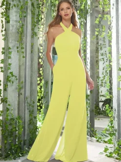 Bridesmaid Dresses Jumpsuit Halter Backless Floor-Length Chiffon Prom Dress
