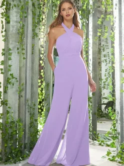 Bridesmaid Dresses Jumpsuit Halter Backless Floor-Length Chiffon Prom Dress
