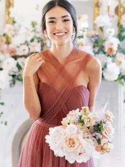 Bridesmaid Dress A-Line Floor-Length Backless Tulle Prom Dress Free Customization