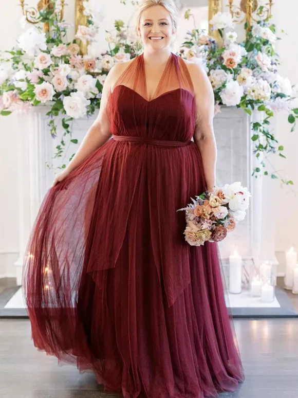 Bridesmaid Dress A-Line Floor-Length Backless Tulle Prom Dress Free Customization