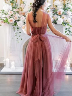 Bridesmaid Dress A-Line Floor-Length Backless Tulle Prom Dress Free Customization