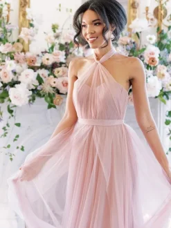 Bridesmaid Dress A-Line Floor-Length Backless Tulle Prom Dress Free Customization