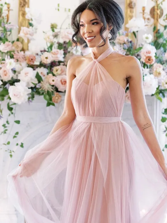 Bridesmaid Dress A-Line Floor-Length Backless Tulle Prom Dress Free Customization