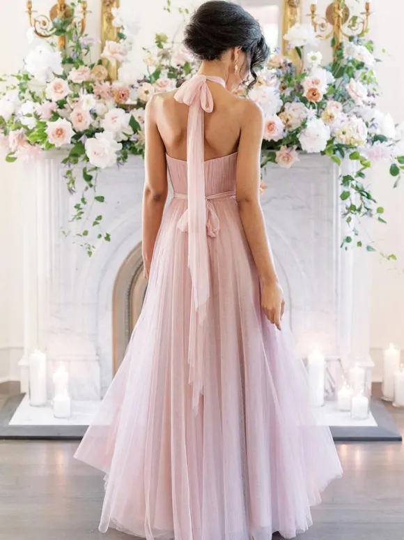 Bridesmaid Dress A-Line Floor-Length Backless Tulle Prom Dress Free Customization