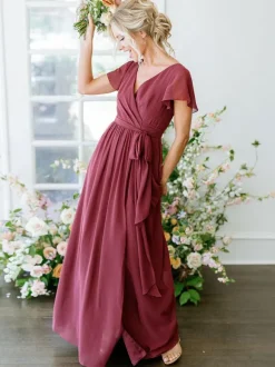 Bridesmaid Dress A-Line Short Sleeve V-Neck Floor-Length Zipper Chiffon Burgundy Wedding Party Dress Free Customization
