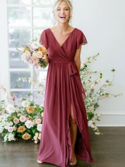Bridesmaid Dress A-Line Short Sleeve V-Neck Floor-Length Zipper Chiffon Burgundy Wedding Party Dress Free Customization