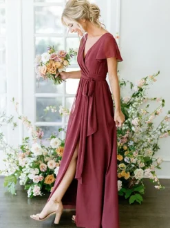 Bridesmaid Dress A-Line Short Sleeve V-Neck Floor-Length Zipper Chiffon Burgundy Wedding Party Dress Free Customization