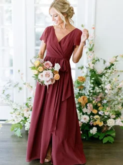 Bridesmaid Dress A-Line Short Sleeve V-Neck Floor-Length Zipper Chiffon Burgundy Wedding Party Dress Free Customization