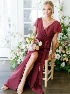 Bridesmaid Dress A-Line Short Sleeve V-Neck Floor-Length Zipper Chiffon Burgundy Wedding Party Dress Free Customization