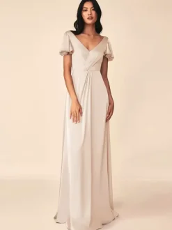 Bridesmaid Dress Ball Gown Floor-Length Zipper Elastic Silk Like Satin Formal Gowns