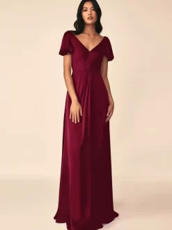 Bridesmaid Dress Ball Gown Floor-Length Zipper Elastic Silk Like Satin Formal Gowns