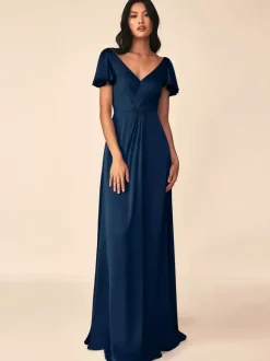 Bridesmaid Dress Ball Gown Floor-Length Zipper Elastic Silk Like Satin Formal Gowns