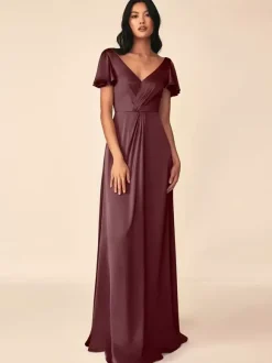 Bridesmaid Dress Ball Gown Floor-Length Zipper Elastic Silk Like Satin Formal Gowns