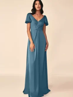 Bridesmaid Dress Ball Gown Floor-Length Zipper Elastic Silk Like Satin Formal Gowns