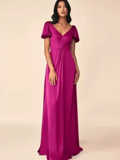 Bridesmaid Dress Ball Gown Floor-Length Zipper Elastic Silk Like Satin Formal Gowns