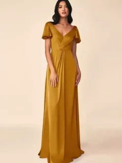 Bridesmaid Dress Ball Gown Floor-Length Zipper Elastic Silk Like Satin Formal Gowns
