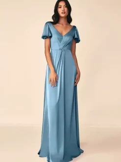 Bridesmaid Dress Ball Gown Floor-Length Zipper Elastic Silk Like Satin Formal Gowns