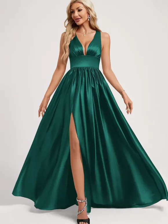 Bridesmaid Dress Ball Gown Floor-Length Zipper Elastic Silk Like Satin Prom Dress