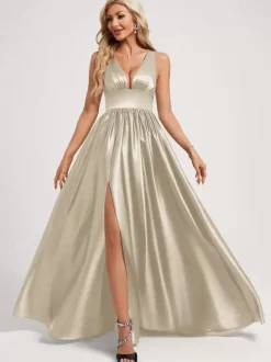 Bridesmaid Dress Ball Gown Floor-Length Zipper Elastic Silk Like Satin Prom Dress