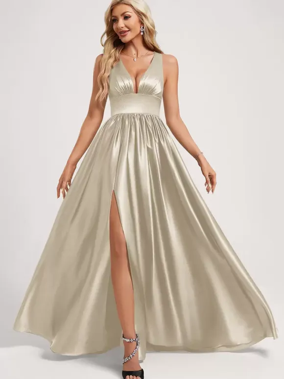 Bridesmaid Dress Ball Gown Floor-Length Zipper Elastic Silk Like Satin Prom Dress