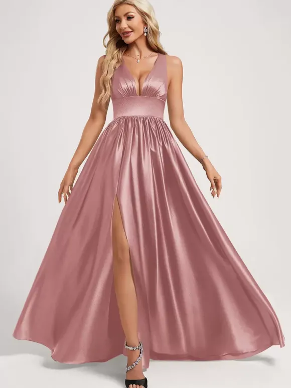 Bridesmaid Dress Ball Gown Floor-Length Zipper Elastic Silk Like Satin Prom Dress