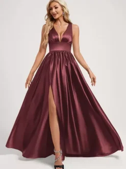 Bridesmaid Dress Ball Gown Floor-Length Zipper Elastic Silk Like Satin Prom Dress