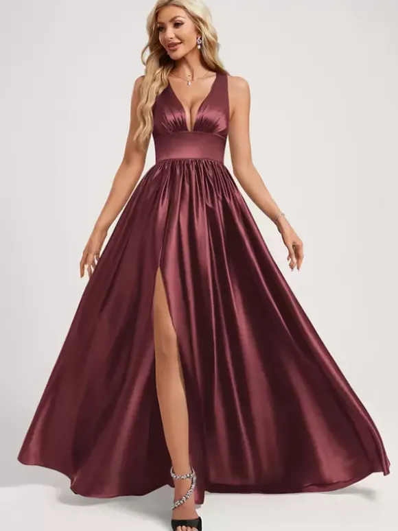 Bridesmaid Dress Ball Gown Floor-Length Zipper Elastic Silk Like Satin Prom Dress