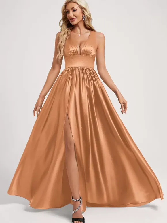Bridesmaid Dress Ball Gown Floor-Length Zipper Elastic Silk Like Satin Prom Dress