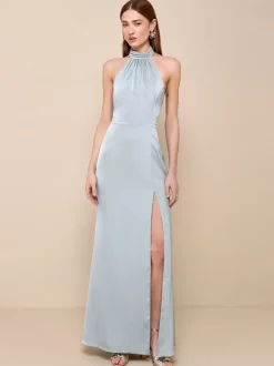 Bridesmaid Dresses Halter High Slit Backless Mermaid Prom Maxi Dress