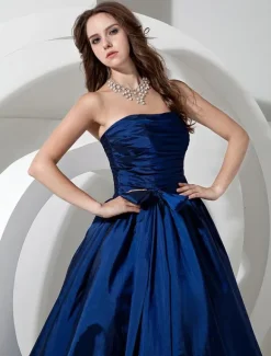 Bridesmaid Dresses Long Royal Blue Taffeta Evening Dress Floor Length Strapless A Line Pleated Prom Dress